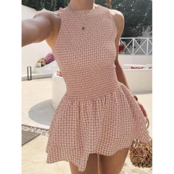 Dresses & Skirts - New Blue Plaid Sleeveless Bodycon Mini Dress, Sweet French Style For Vacat